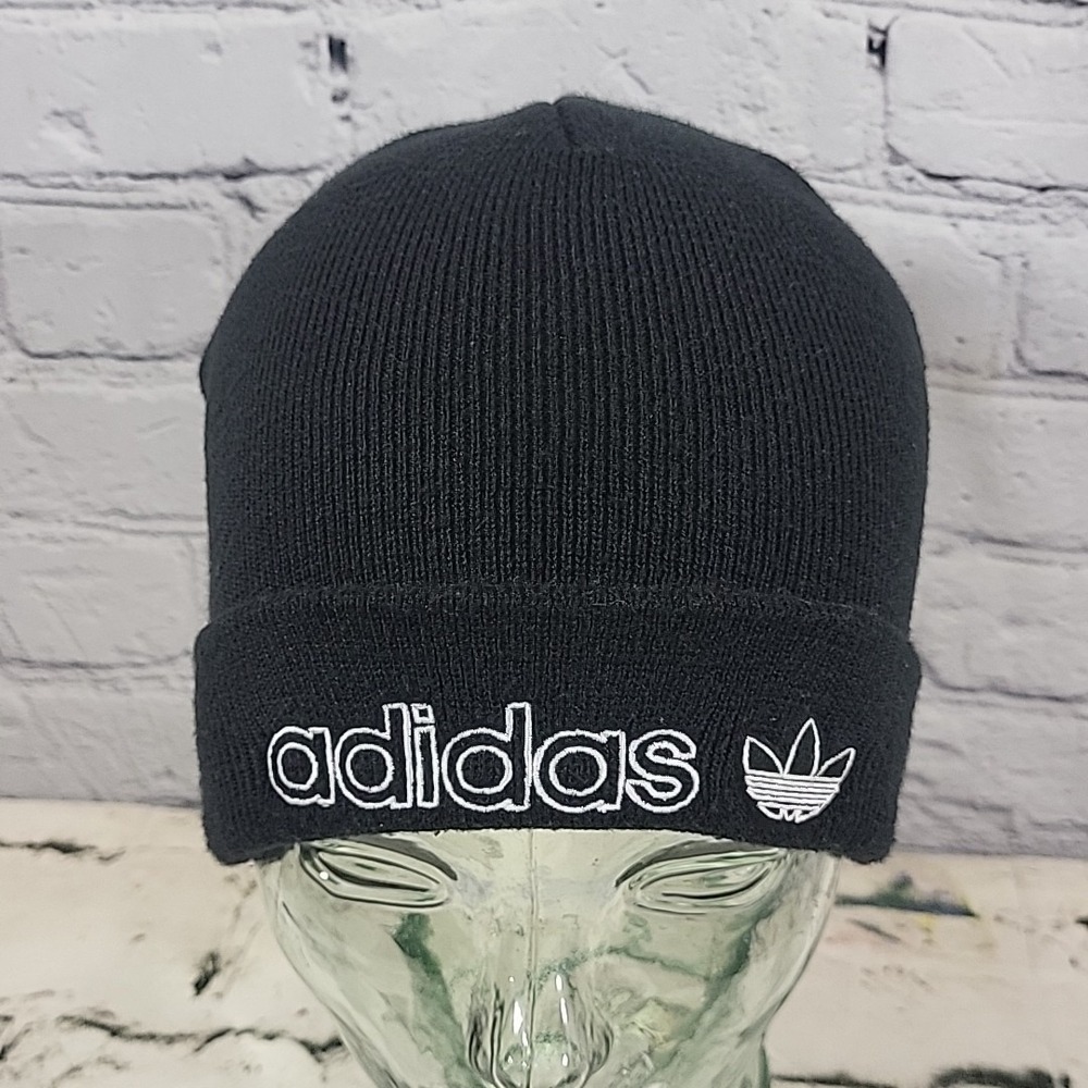 Adidas Beanie Hat Black Trefoil Logo Stretch Knit One Size Ski Cap